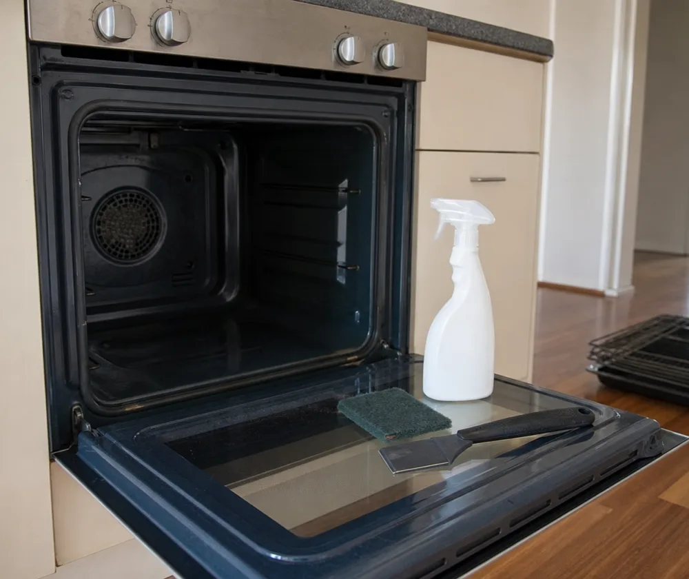 Bond cleaning in Balcatta, clean empty oven with the racks removed and cleaning gear on the door