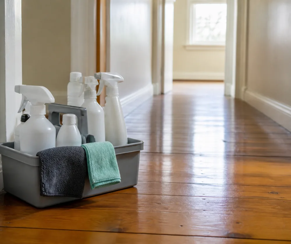 Bond cleaning in Bayswater, cleaning caddy of spray bottles and microfibre cloths on polished floorboards
