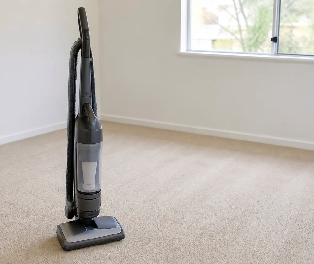 Bond cleaning in Claremont, upright vacuum cleaner on freshly vacuumed carpet in an empty room