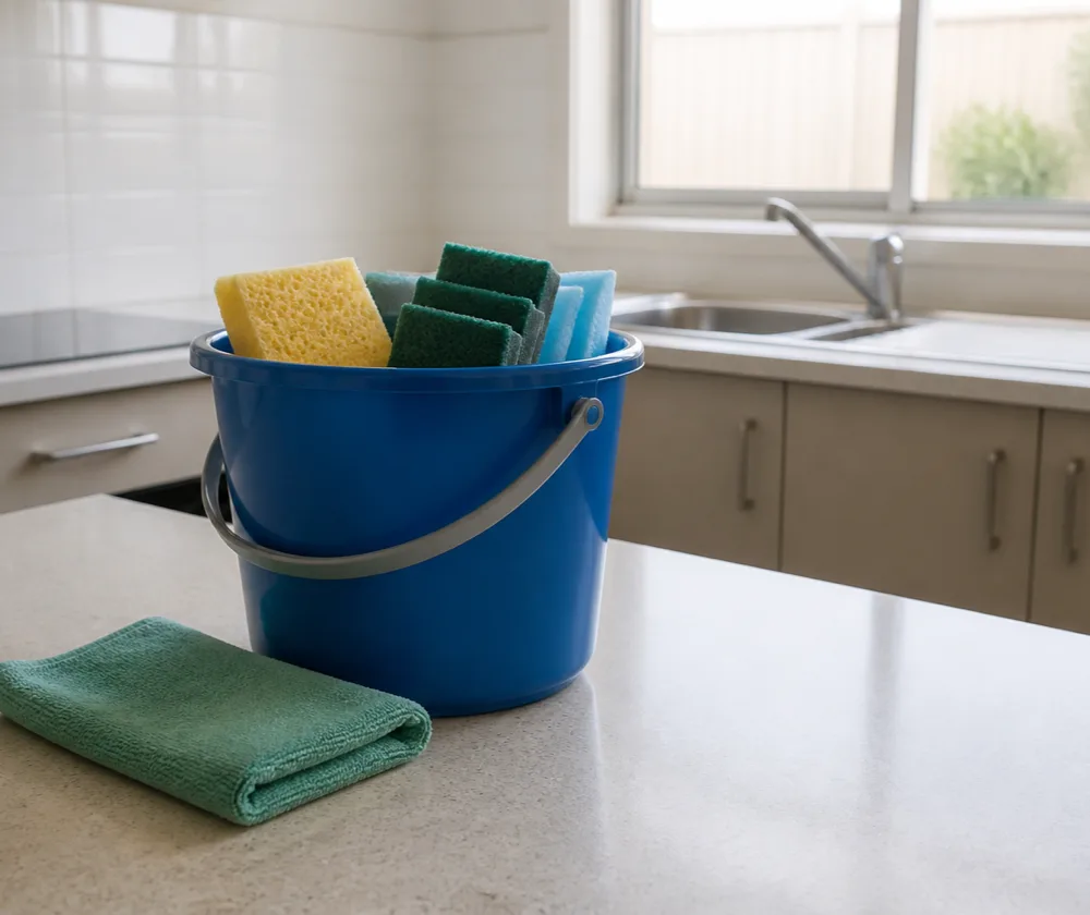 Bond cleaning in Como, bucket of sponges and scourers with a folded cloth on a clean kitchen benchtop