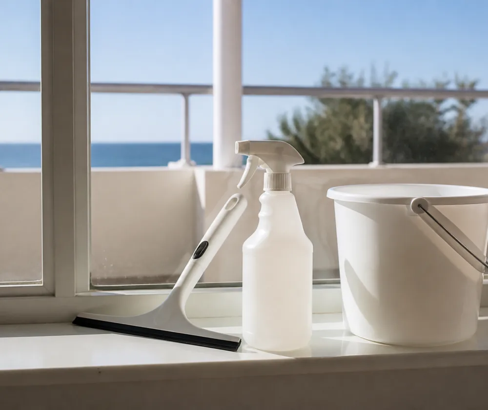 Bond cleaning in Cottesloe, window squeegee, spray bottle and bucket on a clean windowsill