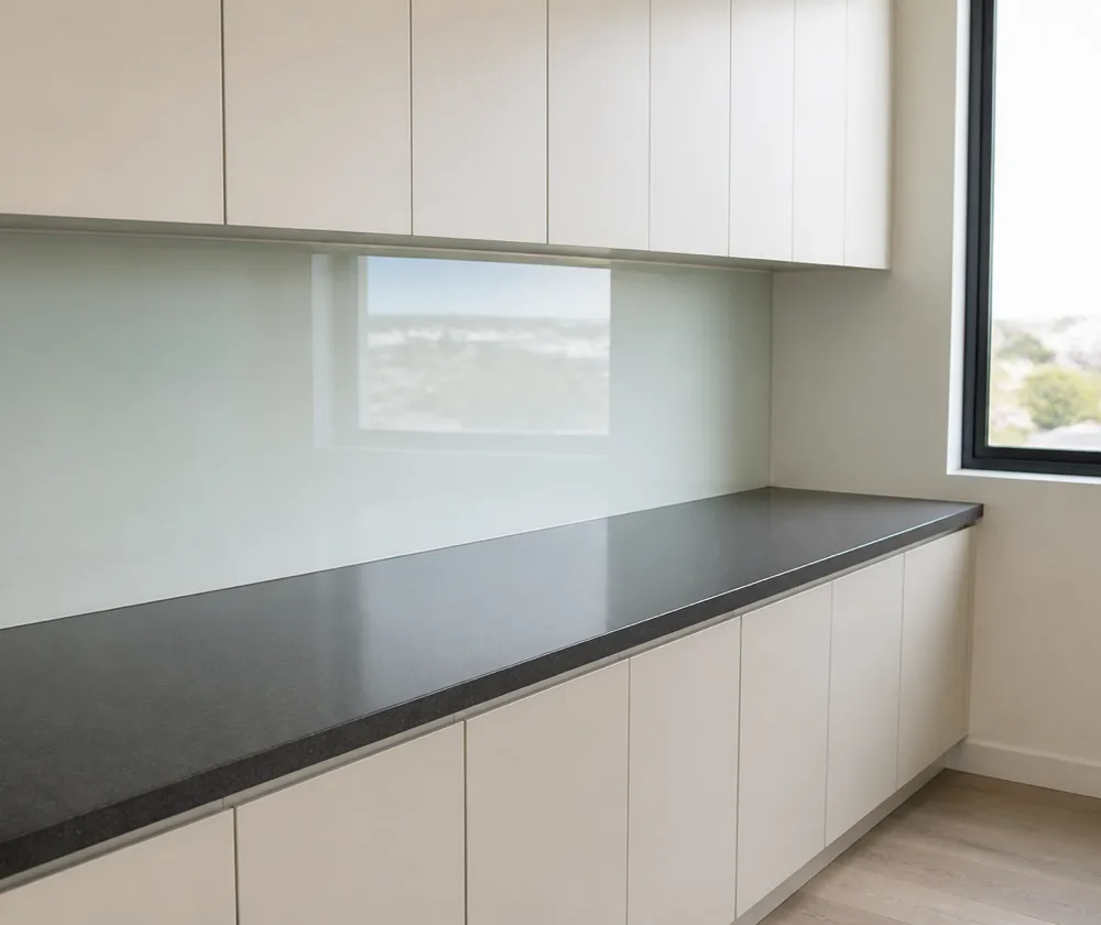 Bond cleaning in East Perth, empty apartment kitchen with a bare stone benchtop and glass splashback