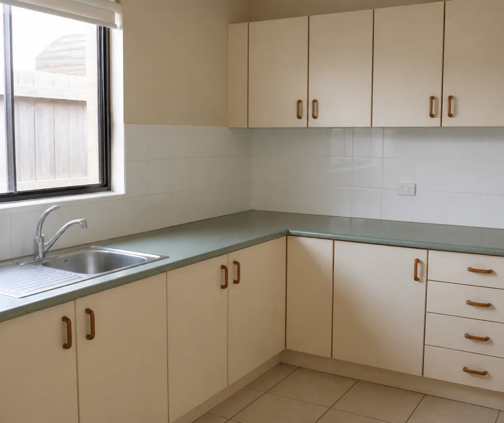 Bond cleaning in Embleton, empty rental kitchen with a wiped benchtop and clean stainless steel sink