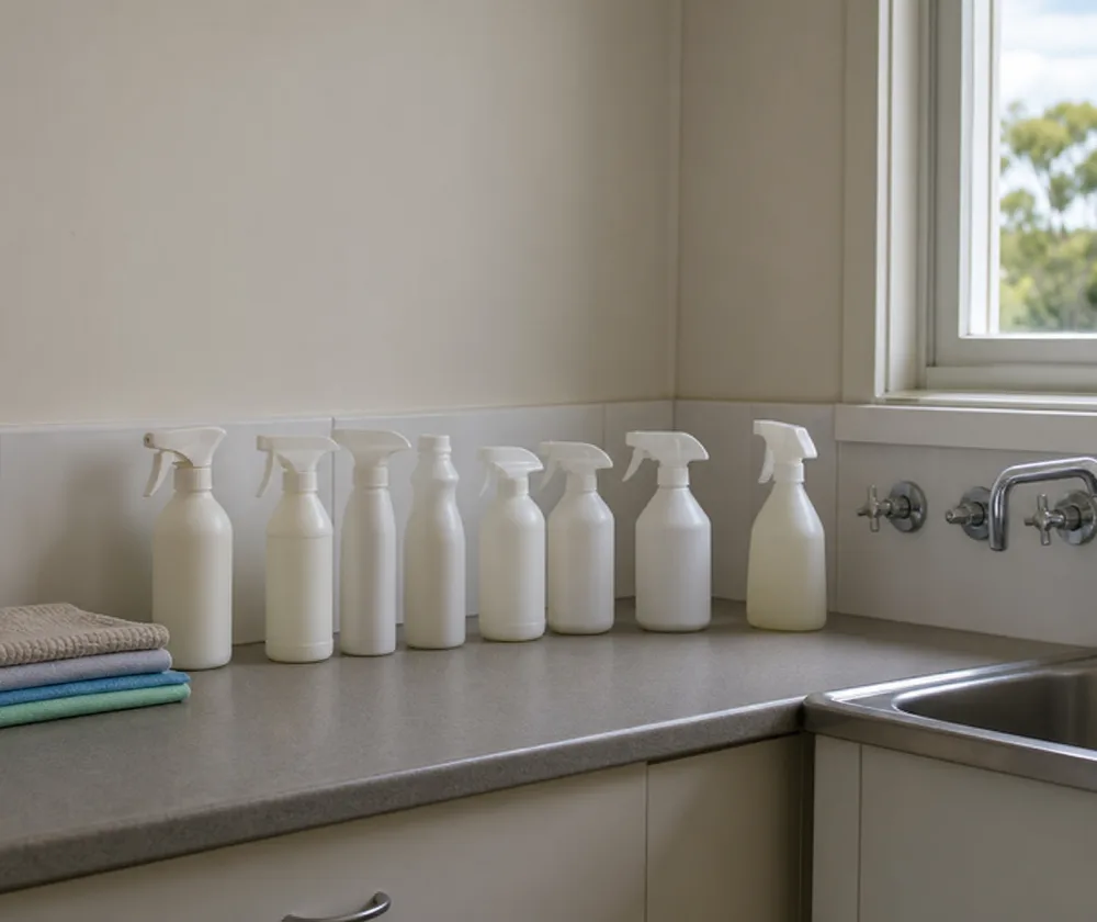 Bond cleaning in Hamilton Hill, spray bottles and folded cloths on a clean laundry bench