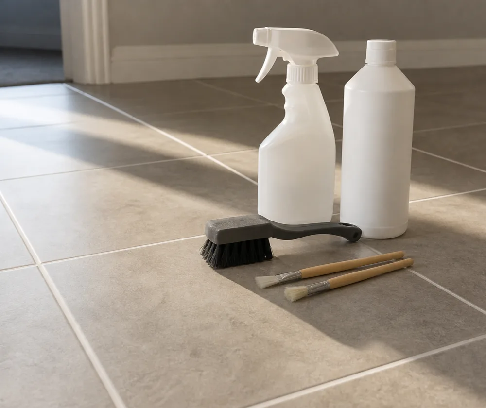 Bond cleaning in Joondalup, grout brush and detail brushes on a freshly cleaned tiled floor