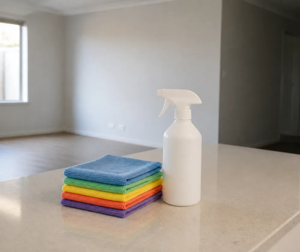 Bond cleaning in Maylands, folded microfibre cloths and a spray bottle on a clean stone benchtop