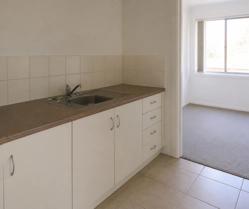 Bond cleaning in Nedlands, compact unit kitchenette with a bare benchtop and clean stainless sink