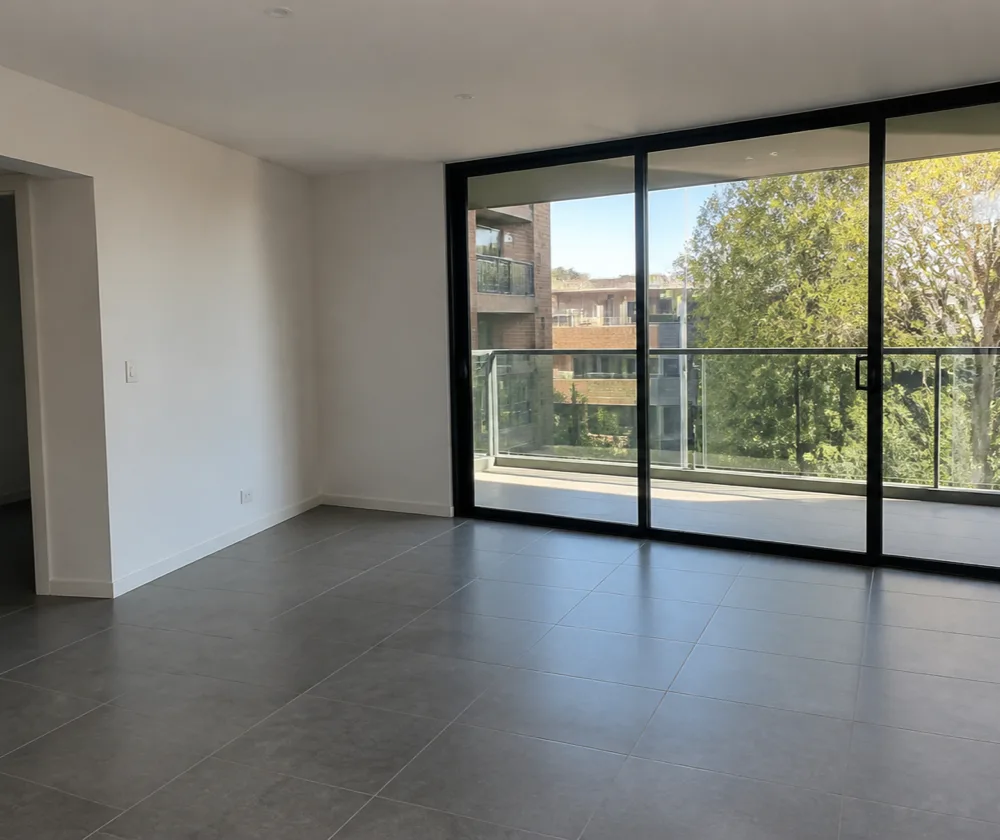 Bond cleaning in Scarborough, empty apartment living area with clean sliding doors to the balcony