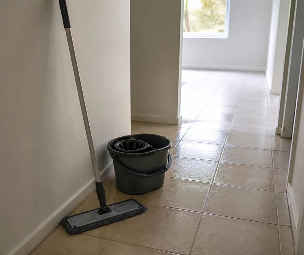 Bond cleaning in Victoria Park, flat mop and bucket on a freshly mopped tiled hallway floor