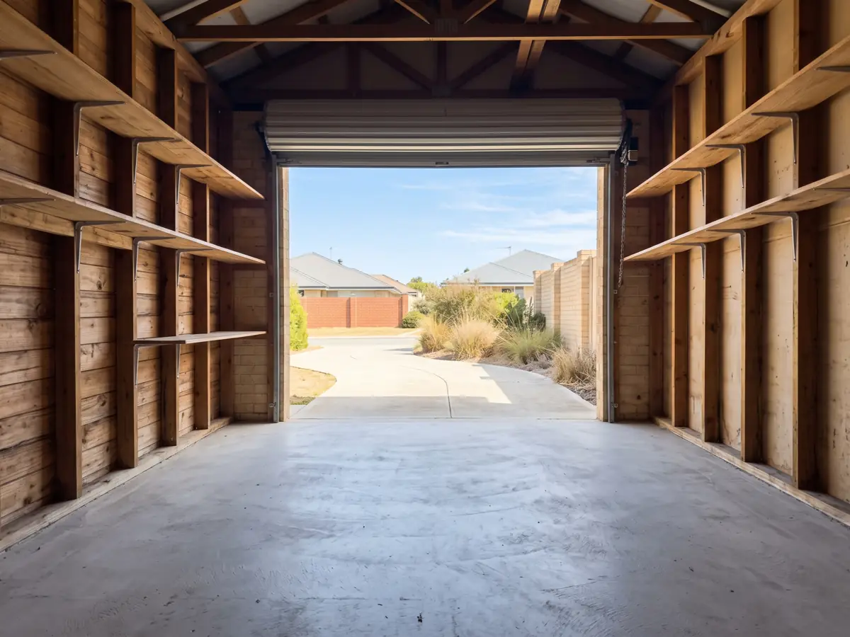 A tidy, empty single garage with swept concrete floor and bare shelving after a clear out