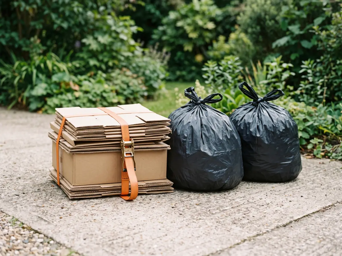 Flattened cardboard boxes strapped together beside two tied black rubbish bags on a garden path