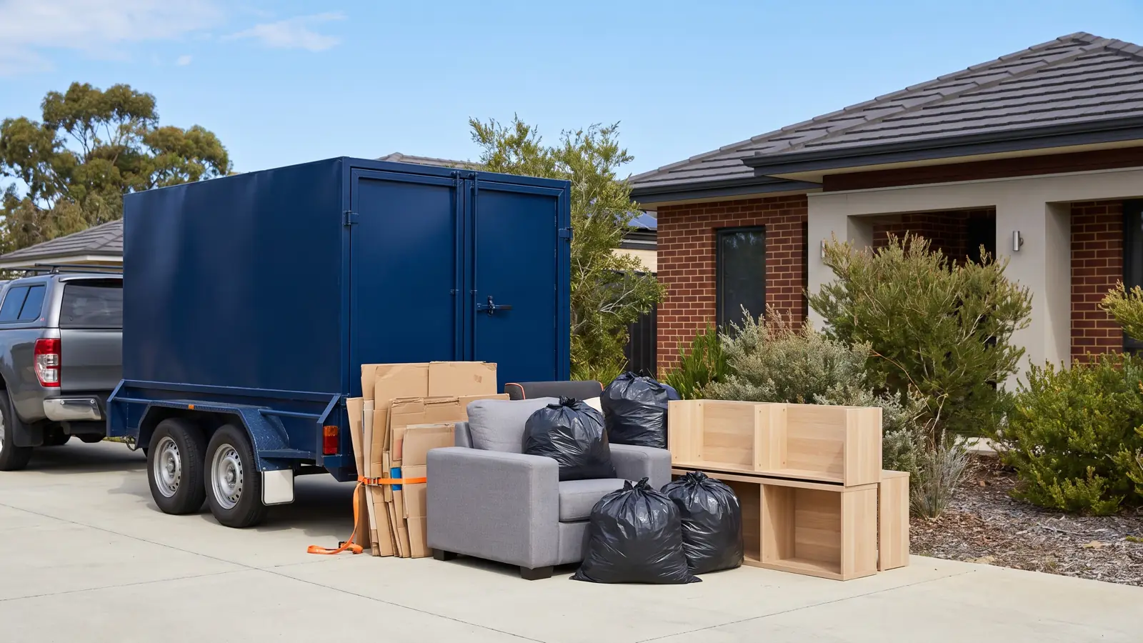 A navy enclosed trailer hitched to a ute on a driveway, beside a grey armchair, flattened cardboard, bagged rubbish and a wooden shelving unit staged for pickup outside a Perth home