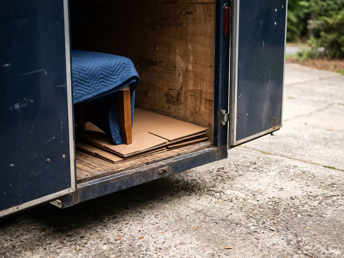 Cardboard and a wrapped chair leg loaded just inside the open doors of an enclosed navy trailer