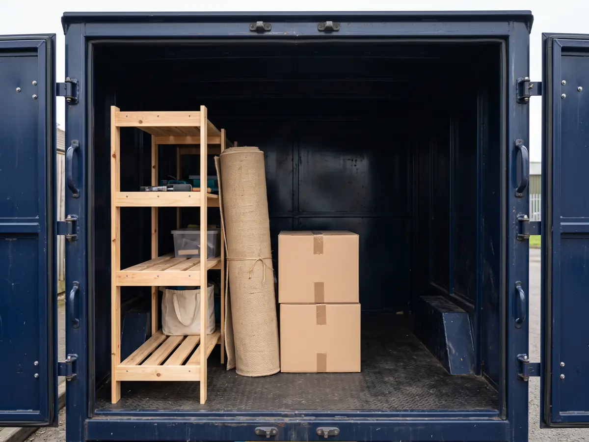 The open interior of an enclosed trailer loaded with a wooden shelving unit, a rolled rug and cardboard boxes