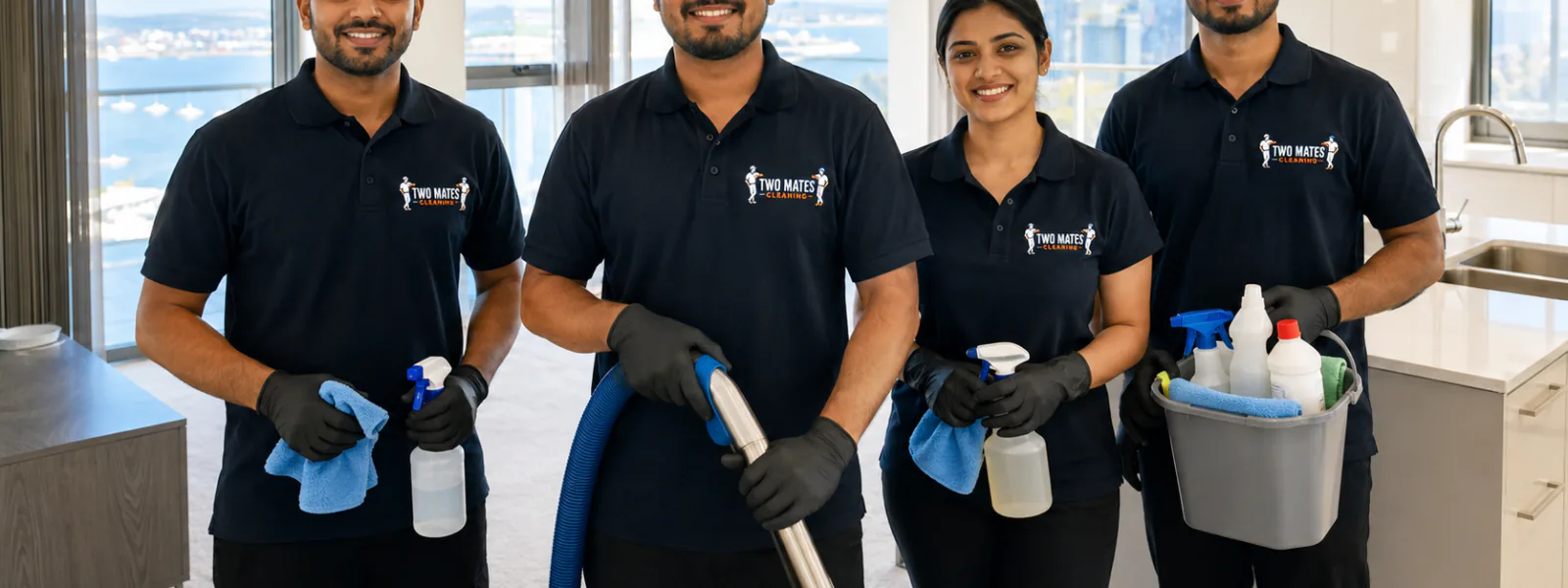 Two Mates Cleaning team in branded uniform at a Perth property