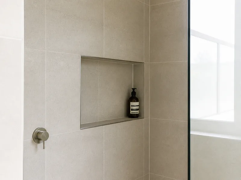 A clean tiled shower recess with a built in niche and crisp grout lines