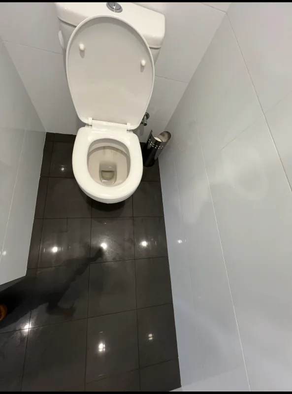 The same toilet and tiled floor after cleaning, the bowl clear and the tiles reflecting the light