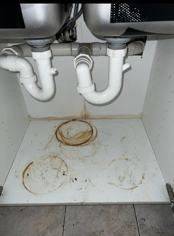 Under sink cabinet base marked with brown ring stains and debris around the plumbing before cleaning