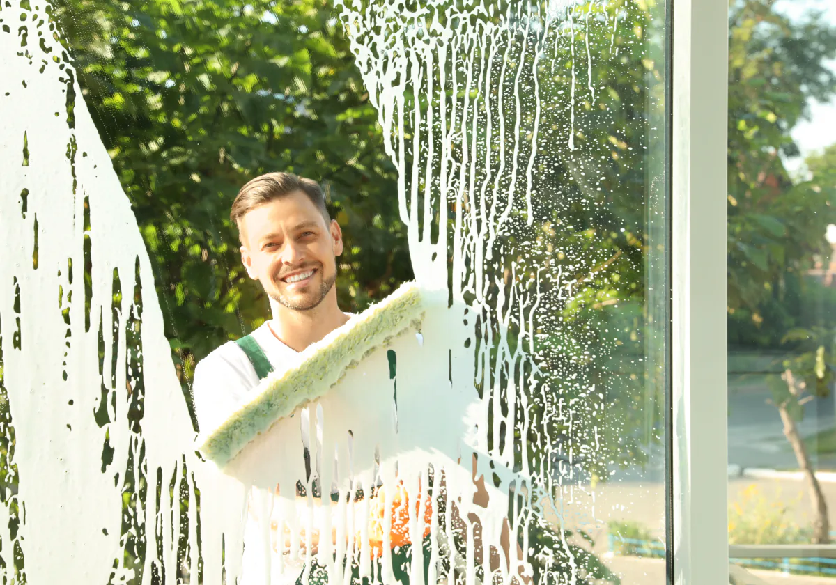 An interior window pane being cleaned, viewed from inside the room