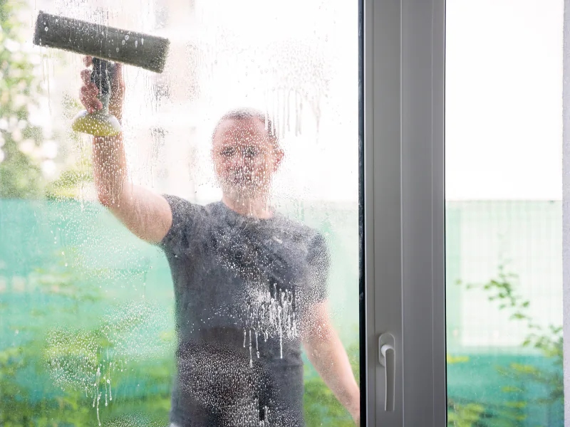 A window being cleaned with soap and a squeegee from inside